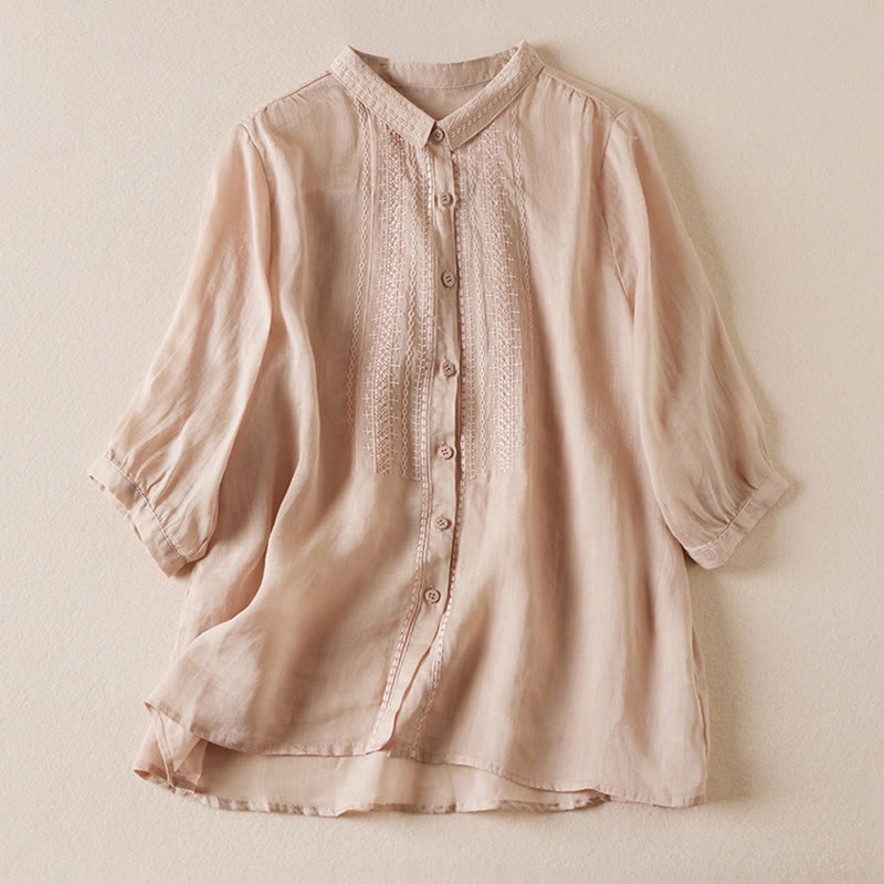 Buddha Stones Summer Vintage Casual Pure Color Embroidered Button Design Women's Cotton Linen Half Sleeve Shirt - BurlyWood - US8-10，UK/AU12-14，EU40-42 (2XL) - image 0