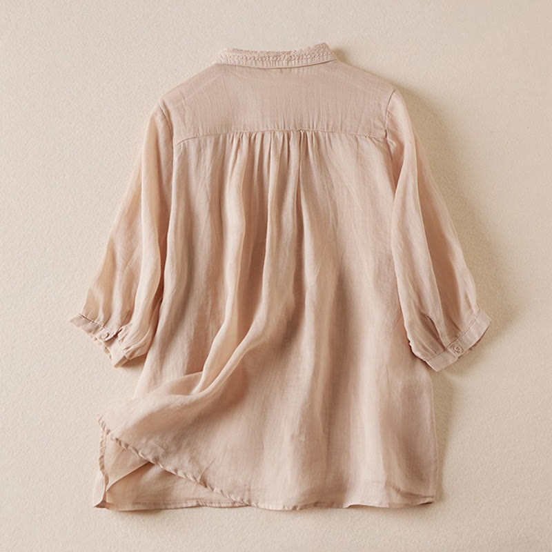 Buddha Stones Summer Vintage Casual Pure Color Embroiderd Button Design Women's Cotton Linen Half Sleeve Shirt - image 1