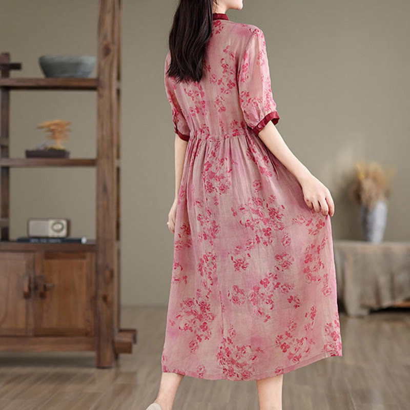 Buddha Stones Retro Printing Floral Pattern Drawstring Design Half Sleeve Cotton Midi Dress With Pockets - image 3