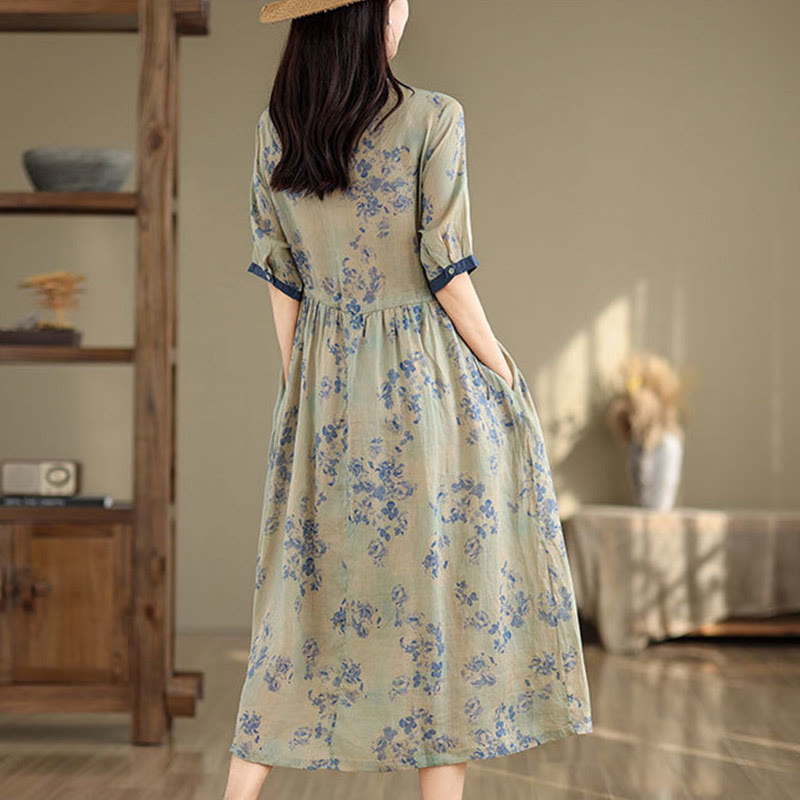 Buddha Stones Retro Printing Floral Pattern Drawstring Design Half Sleeve Cotton Midi Dress With Pockets - image 11