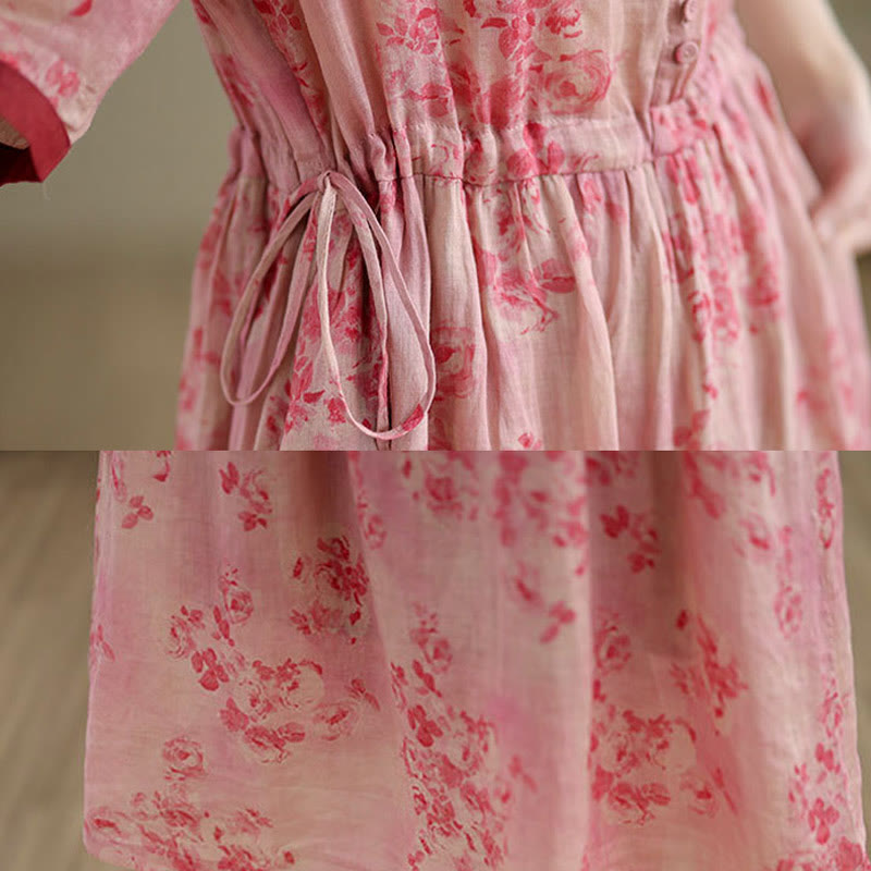 Buddha Stones Retro Printing Floral Pattern Drawstring Design Half Sleeve Cotton Midi Dress With Pockets