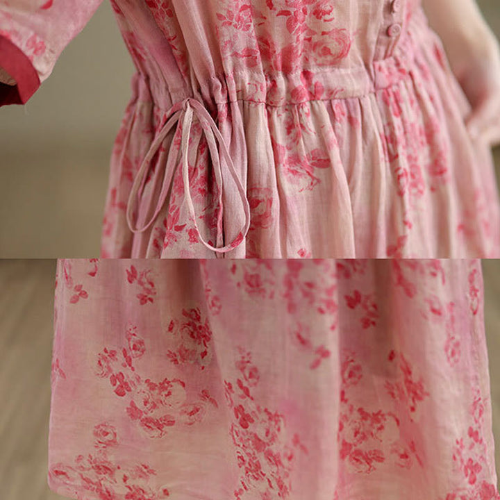 Buddha Stones Retro Printing Floral Pattern Drawstring Design Half Sleeve Cotton Midi Dress With Pockets