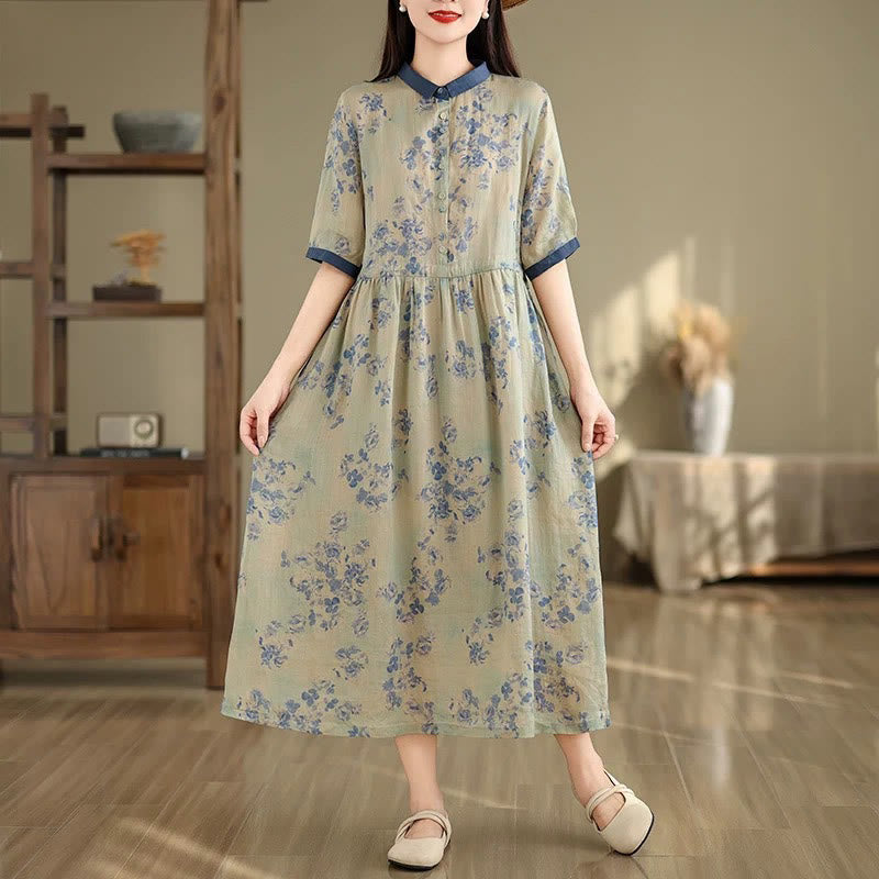 Buddha Stones Retro Printing Floral Pattern Drawstring Design Half Sleeve Cotton Midi Dress With Pockets - DarkSlateBlue - US8-10，UK/AU12-14，EU40-42 (2XL) - image 8