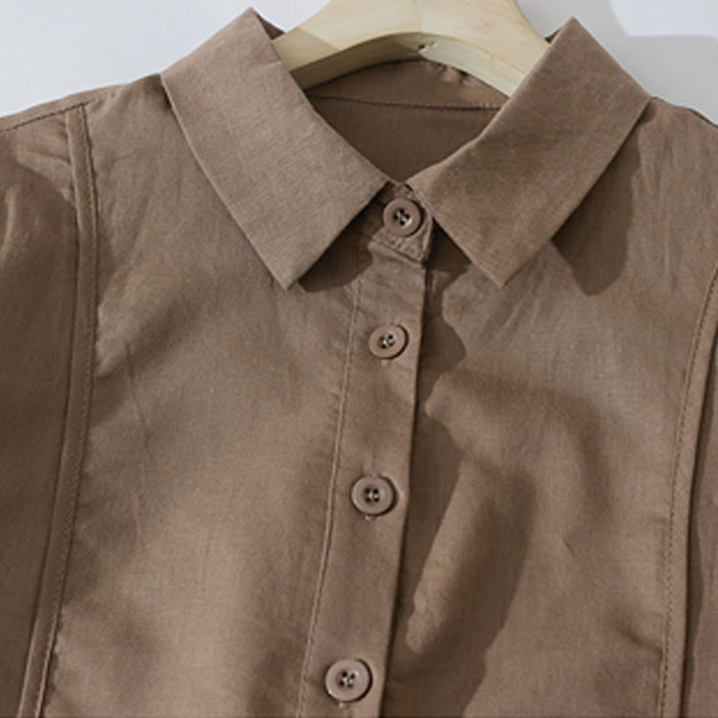 Buddha Stones Summer Retro Solid Color Button Design Short Sleeve Cotton Midi Dress With Pockets - image 11