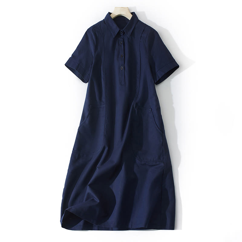 Buddha Stones Summer Retro Solid Color Button Design Short Sleeve Cotton Midi Dress With Pockets - MidnightBlue - US8-10，UK/AU12-14，EU40-42 (2XL) - image 16