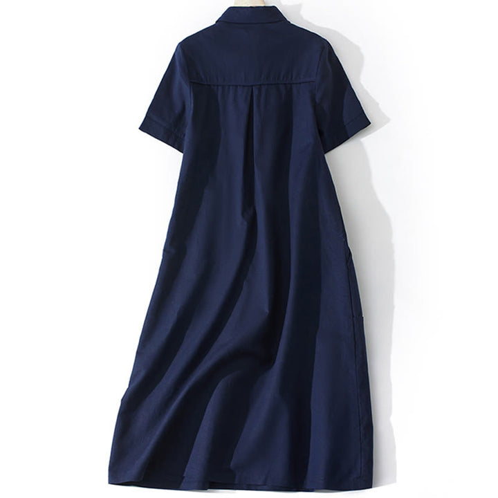 Buddha Stones Summer Retro Solid Color Button Design Short Sleeve Cotton Midi Dress With Pockets - image 17