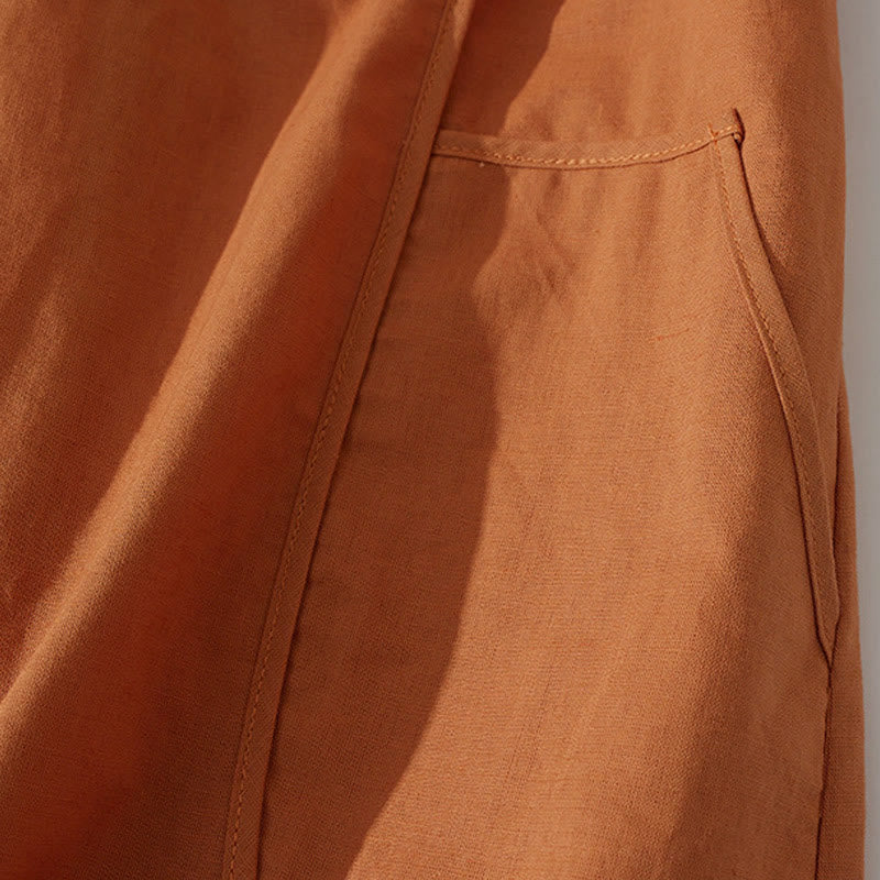 Buddha Stones Summer Retro Solid Color Button Design Short Sleeve Cotton Midi Dress With Pockets - image 6