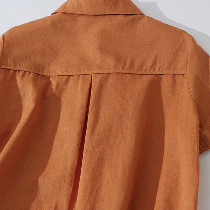 Buddha Stones Summer Retro Solid Color Button Design Short Sleeve Cotton Midi Dress With Pockets - image 4