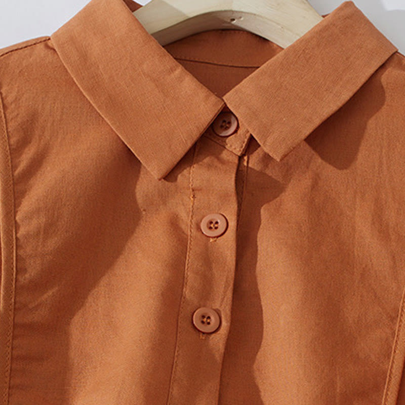 Buddha Stones Summer Retro Solid Color Button Design Short Sleeve Cotton Midi Dress With Pockets - image 3