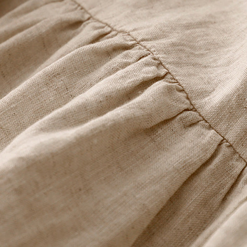 Buddha Stones Casual Artistic Solid Color Simple Design High Waist Short Sleeve Cotton Linen Midi Dress With Pockets - image 6