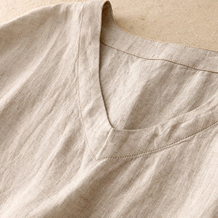 Buddha Stones Casual Artistic Solid Color Simple Design High Waist Short Sleeve Cotton Linen Midi Dress With Pockets - image 3