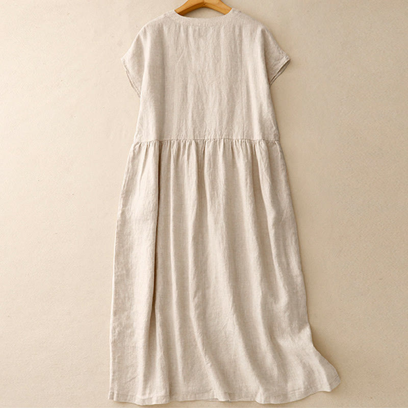 Buddha Stones Casual Artistic Solid Color Simple Design High Waist Short Sleeve Cotton Linen Midi Dress With Pockets - image 2