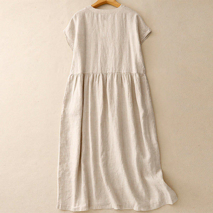 Buddha Stones Casual Artistic Solid Color Simple Design High Waist Short Sleeve Cotton Linen Midi Dress With Pockets - image 2