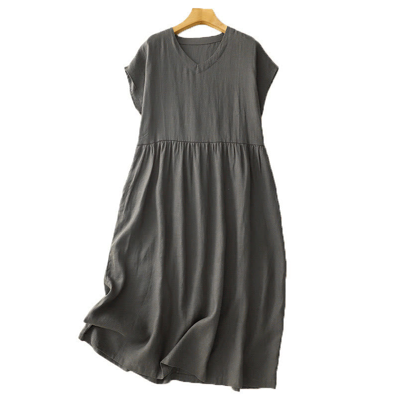 Buddha Stones Casual Artistic Solid Color Simple Design High Waist Short Sleeve Cotton Linen Midi Dress With Pockets - image 14