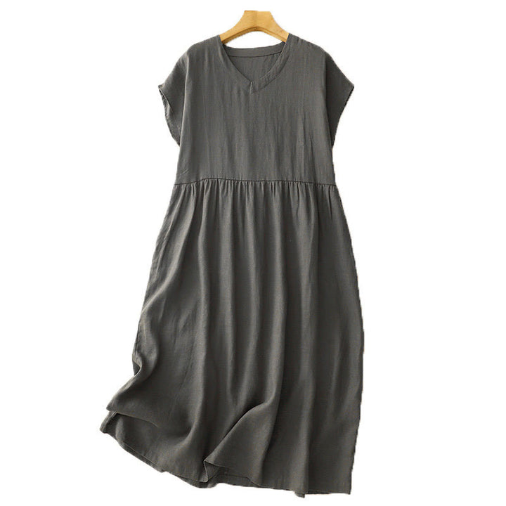 Buddha Stones Casual Artistic Solid Color Simple Design High Waist Short Sleeve Cotton Linen Midi Dress With Pockets - image 14