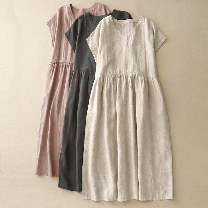 Buddha Stones Casual Artistic Solid Color Simple Design High Waist Short Sleeve Cotton Linen Midi Dress With Pockets - image 20