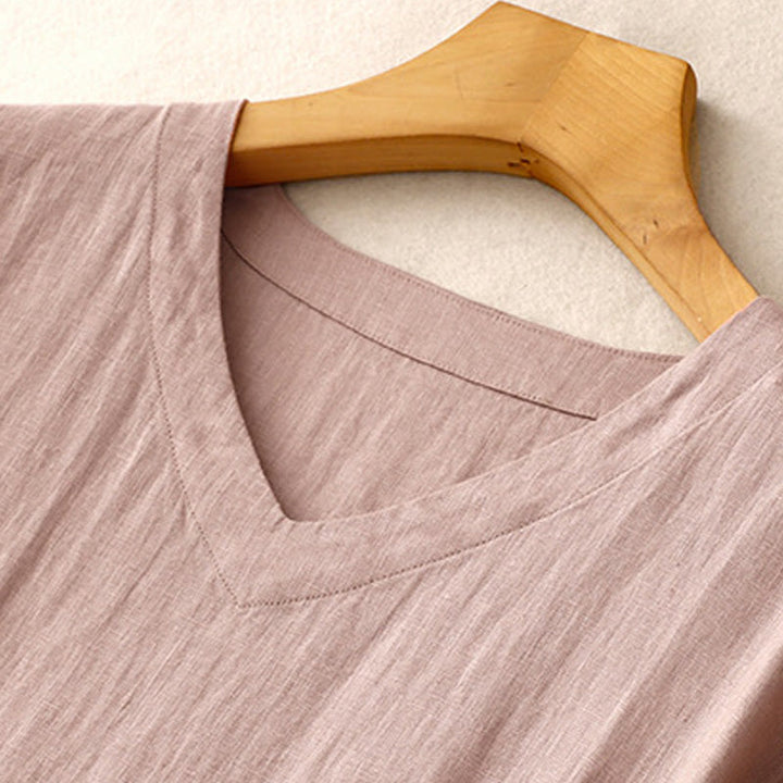 Buddha Stones Casual Artistic Solid Color Simple Design High Waist Short Sleeve Cotton Linen Midi Dress With Pockets - image 16