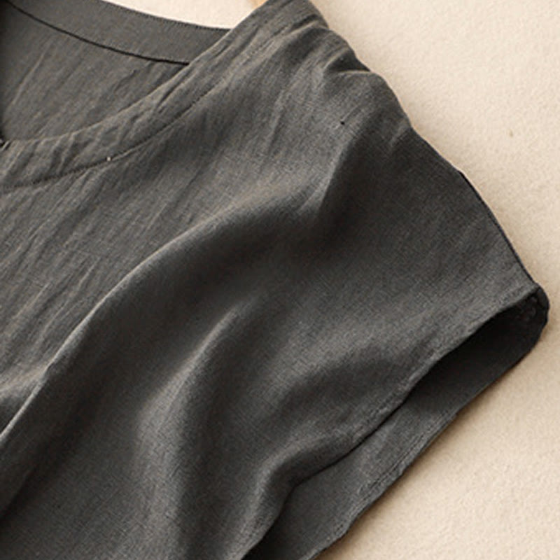 Buddha Stones Casual Artistic Solid Color Simple Design High Waist Short Sleeve Cotton Linen Midi Dress With Pockets - image 11