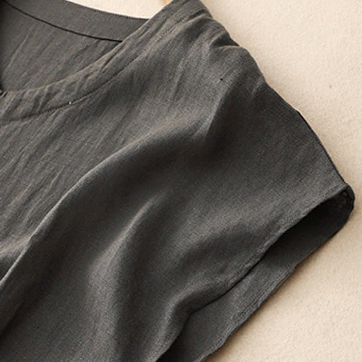 Buddha Stones Casual Artistic Solid Color Simple Design High Waist Short Sleeve Cotton Linen Midi Dress With Pockets - image 11