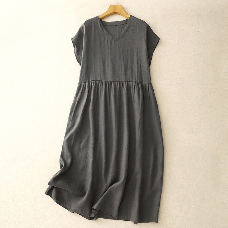 Buddha Stones Casual Artistic Solid Color Simple Design High Waist Short Sleeve Cotton Linen Midi Dress With Pockets - SlateGray - US8-10，UK/AU12-14，EU40-42 (2XL) - image 9