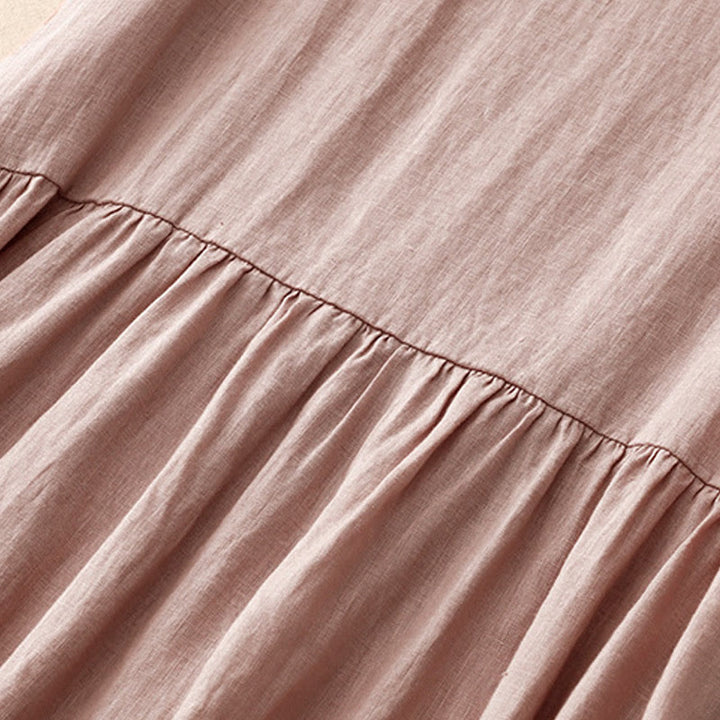 Buddha Stones Casual Artistic Solid Color Simple Design High Waist Short Sleeve Cotton Linen Midi Dress With Pockets - image 18