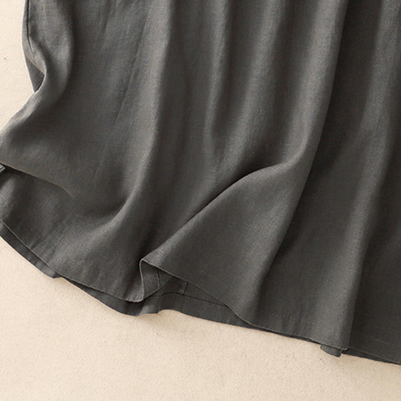 Buddha Stones Casual Artistic Solid Color Simple Design High Waist Short Sleeve Cotton Linen Midi Dress With Pockets - image 13