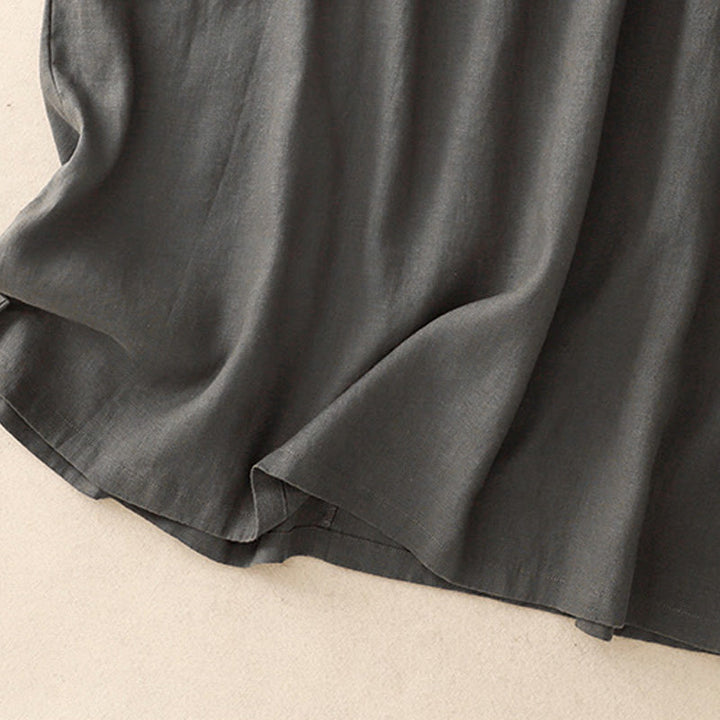 Buddha Stones Casual Artistic Solid Color Simple Design High Waist Short Sleeve Cotton Linen Midi Dress With Pockets - image 13