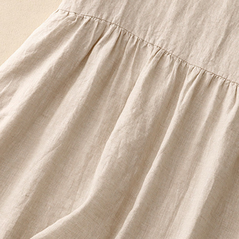 Buddha Stones Casual Artistic Solid Color Simple Design High Waist Short Sleeve Cotton Linen Midi Dress With Pockets - image 5
