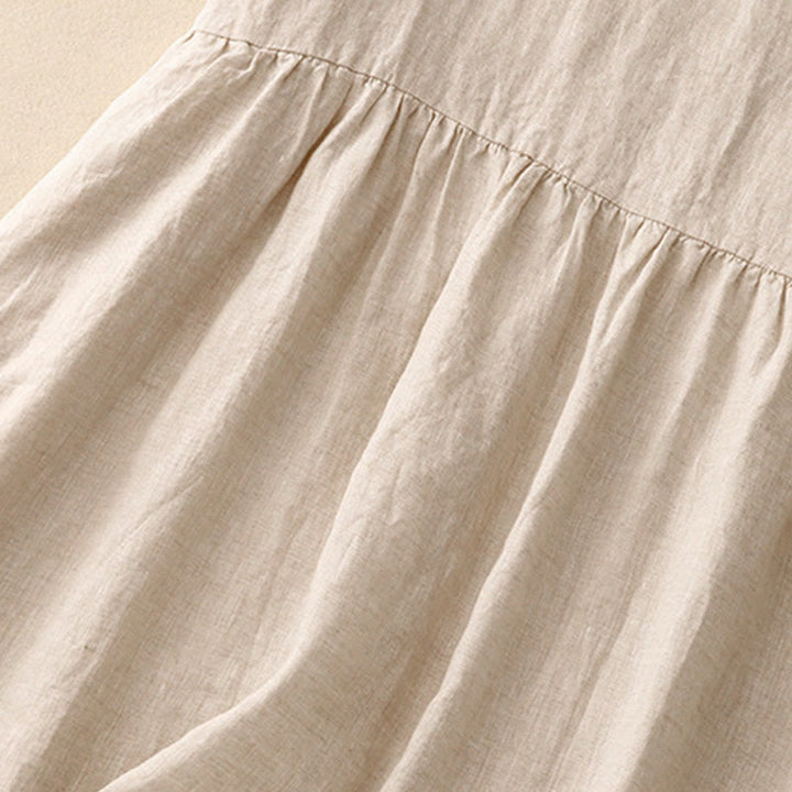 Buddha Stones Casual Artistic Solid Color Simple Design High Waist Short Sleeve Cotton Linen Midi Dress With Pockets - image 5