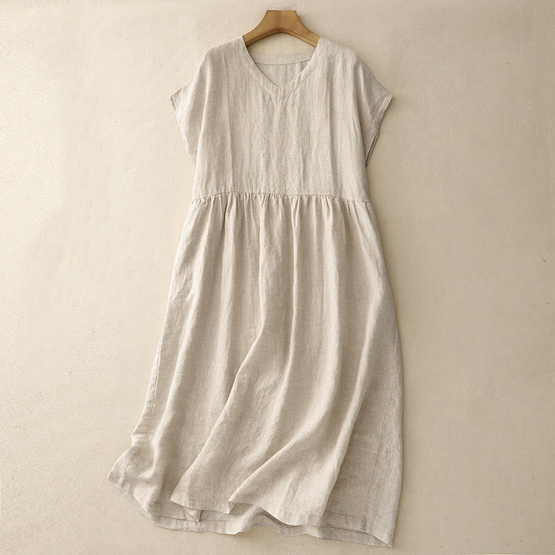 Buddha Stones Casual Artistic Solid Color Simple Design High Waist Short Sleeve Cotton Linen Midi Dress With Pockets - Linen - US8-10，UK/AU12-14，EU40-42 (2XL) - image 1