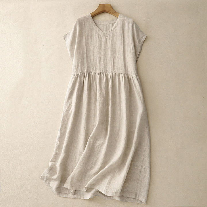 Buddha Stones Casual Artistic Solid Color Simple Design High Waist Short Sleeve Cotton Linen Midi Dress With Pockets - Linen - US8-10，UK/AU12-14，EU40-42 (2XL) - image 1