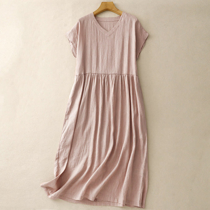 Buddha Stones Casual Artistic Solid Color Simple Design High Waist Short Sleeve Cotton Linen Midi Dress With Pockets - Pink - US8-10，UK/AU12-14，EU40-42 (2XL) - image 15