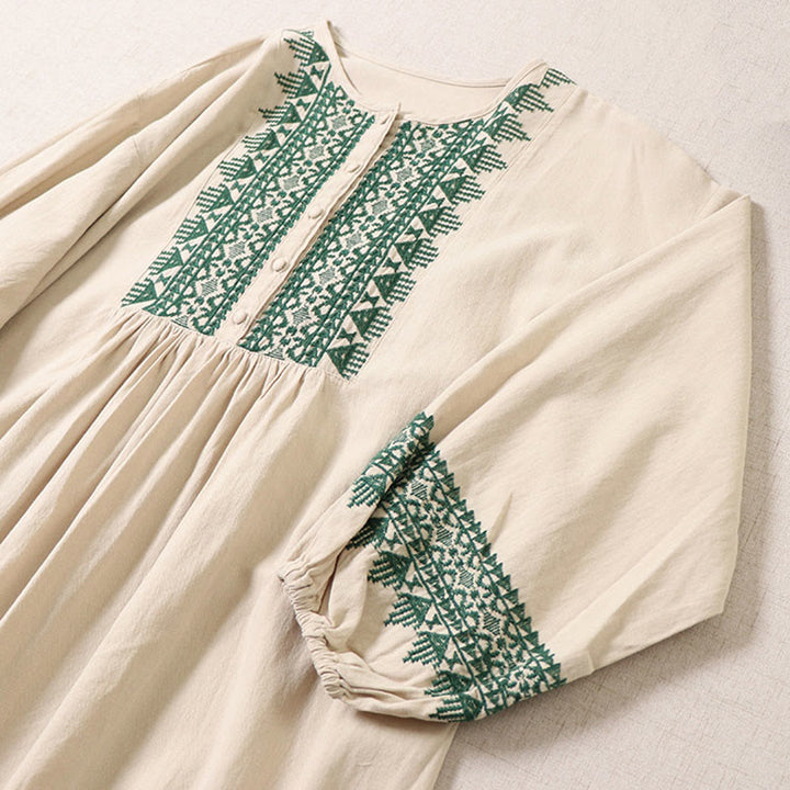 Buddha Stones Casual Artistic Geometric Embroidery Button Front Long Lantern Sleeve Cotton Linen Midi Dress - image 10