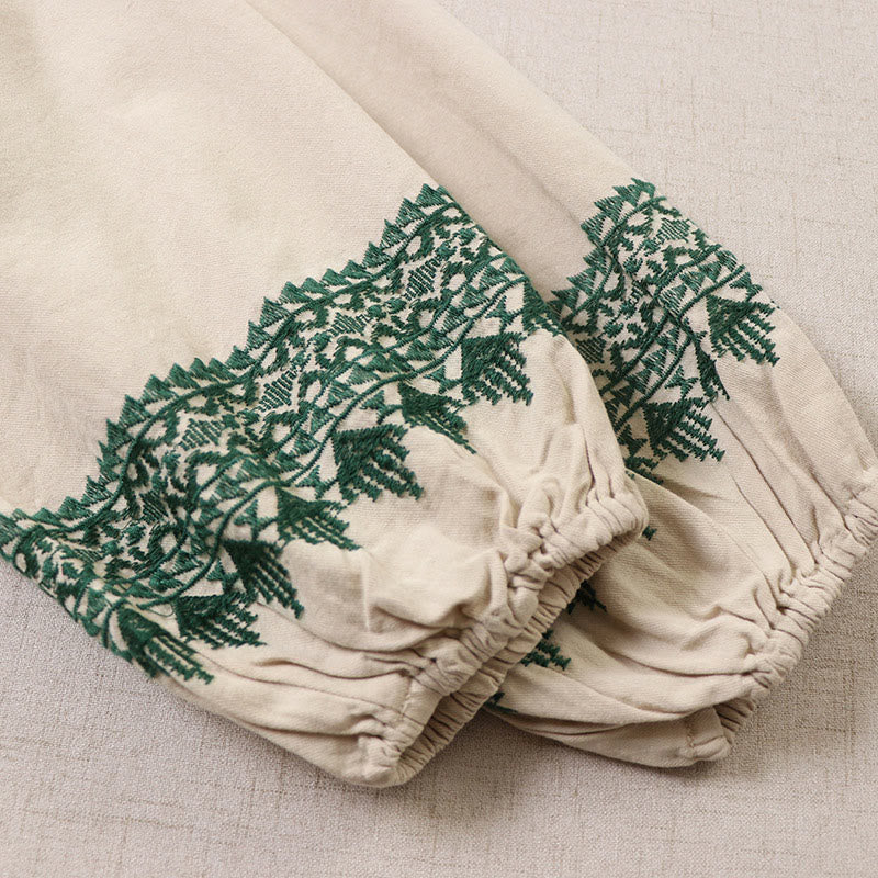 Buddha Stones Casual Artistic Geometric Embroidery Button Front Long Lantern Sleeve Cotton Linen Midi Dress - image 17