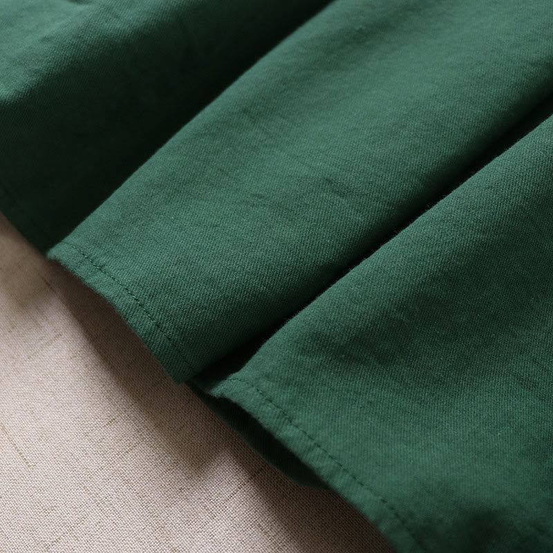 Buddha Stones Casual Artistic Geometric Embroidery Button Front Long Lantern Sleeve Cotton Linen Midi Dress - image 6