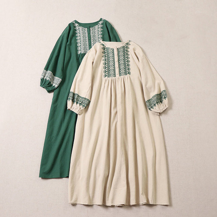 Buddha Stones Casual Artistic Geometric Embroidery Button Front Long Lantern Sleeve Cotton Linen Midi Dress - image 19