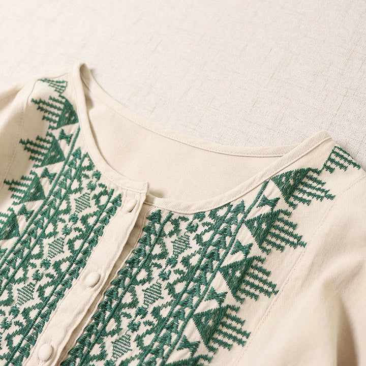 Buddha Stones Casual Artistic Geometric Embroidery Button Front Long Lantern Sleeve Cotton Linen Midi Dress - image 14