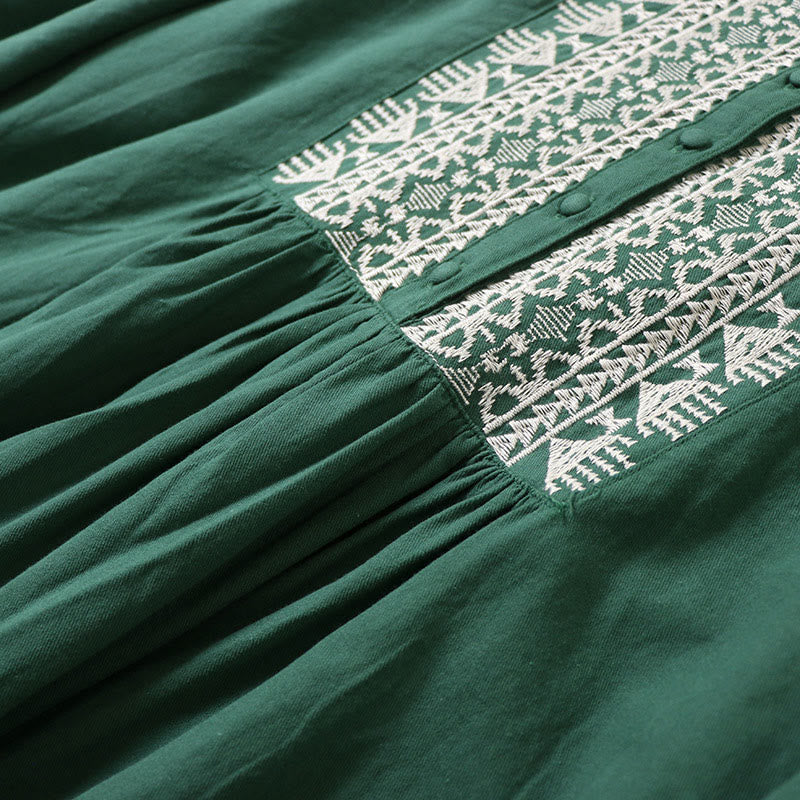 Buddha Stones Casual Artistic Geometric Embroidery Button Front Long Lantern Sleeve Cotton Linen Midi Dress - image 4