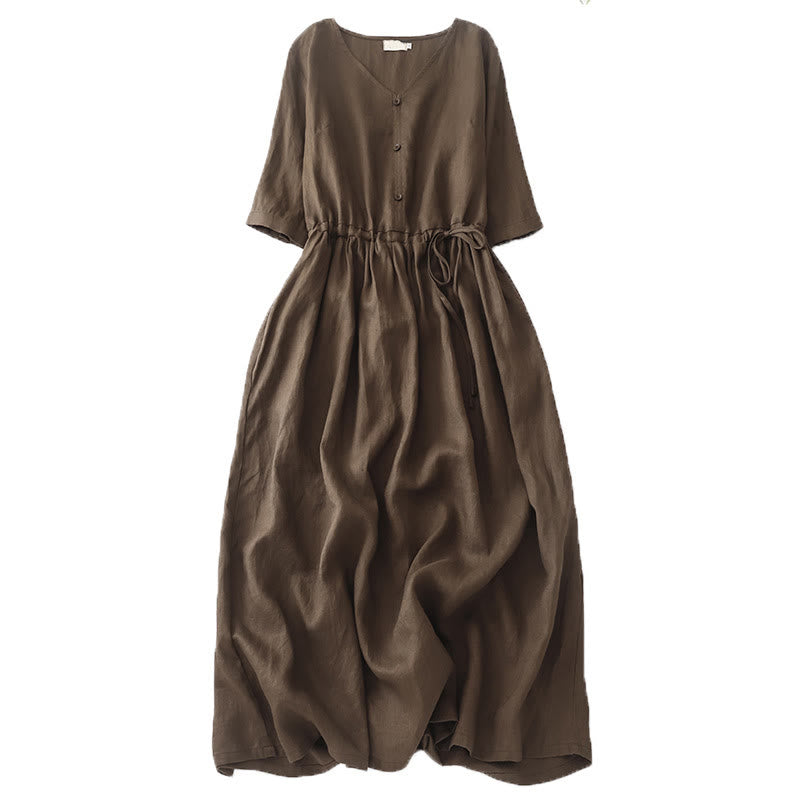 Buddha Stones Vintage Casual Solid Color Pleat Drawstring Design Half Sleeve Cotton Midi Dress With Pockets - SaddleBrown - US8-10，UK/AU12-14，EU40-42 (2XL) - image 0