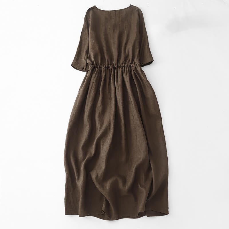 Buddha Stones Vintage Casual Solid Color Pleat Drawstring Design Half Sleeve Cotton Linen Midi Dress With Pockets - image 2