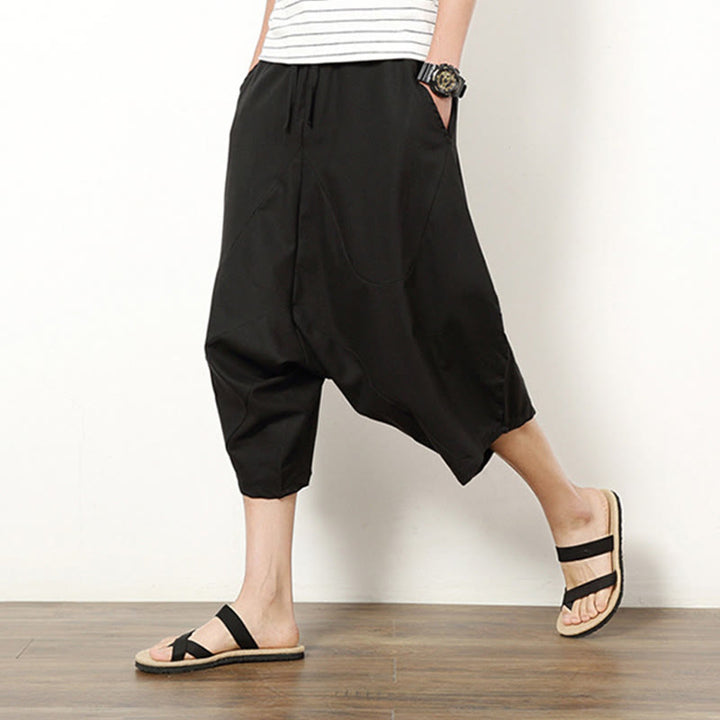 Buddha Stones Spring Plain Simple Patchwork Design Drawstring Cotton Linen Men's 7-8 Length Wide Leg Pants With Pockets - image 18