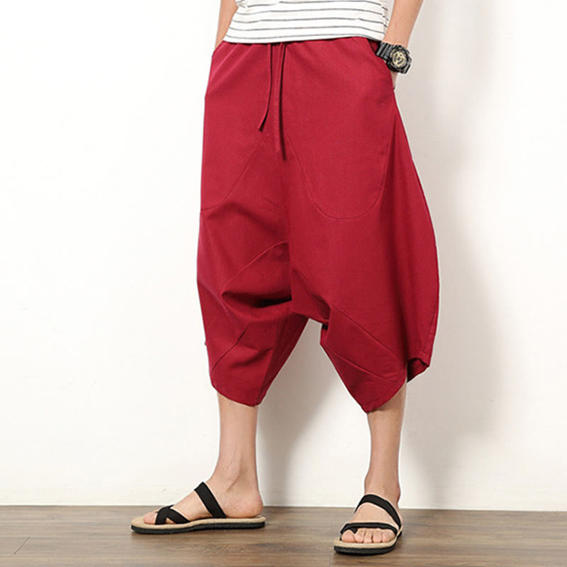 Buddha Stones Spring Plain Simple Patchwork Design Drawstring Cotton Linen Men's 7-8 Length Wide Leg Pants With Pockets - image 13
