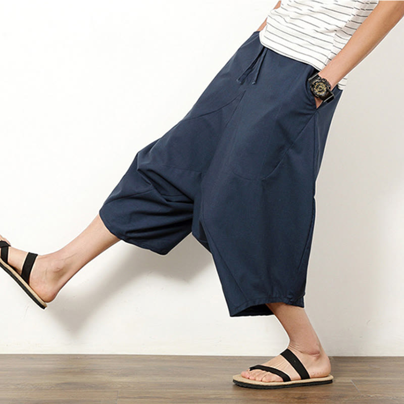 Buddha Stones Spring Plain Simple Patchwork Design Drawstring Cotton Linen Men's 7-8 Length Wide Leg Pants With Pockets - image 2