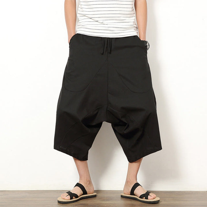 Buddha Stones Spring Plain Simple Patchwork Design Drawstring Cotton Linen Men's 7-8 Length Wide Leg Pants With Pockets - Black - US/UK/AU46，EU56 (5XL) - image 17