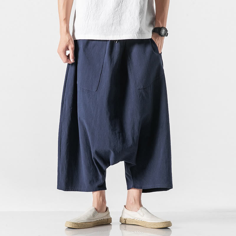 Buddha Stones Casual Low Crotch Design Drawstring Men's 7-8 Length Wide Leg Pants With Pockets - image 1