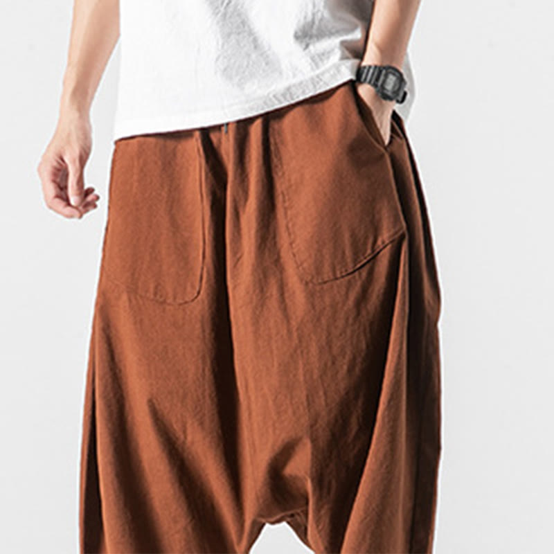 Buddha Stones Casual Low Crotch Design Drawstring Men's 7-8 Length Cotton Linen Wide Leg Pants With Pockets - image 17