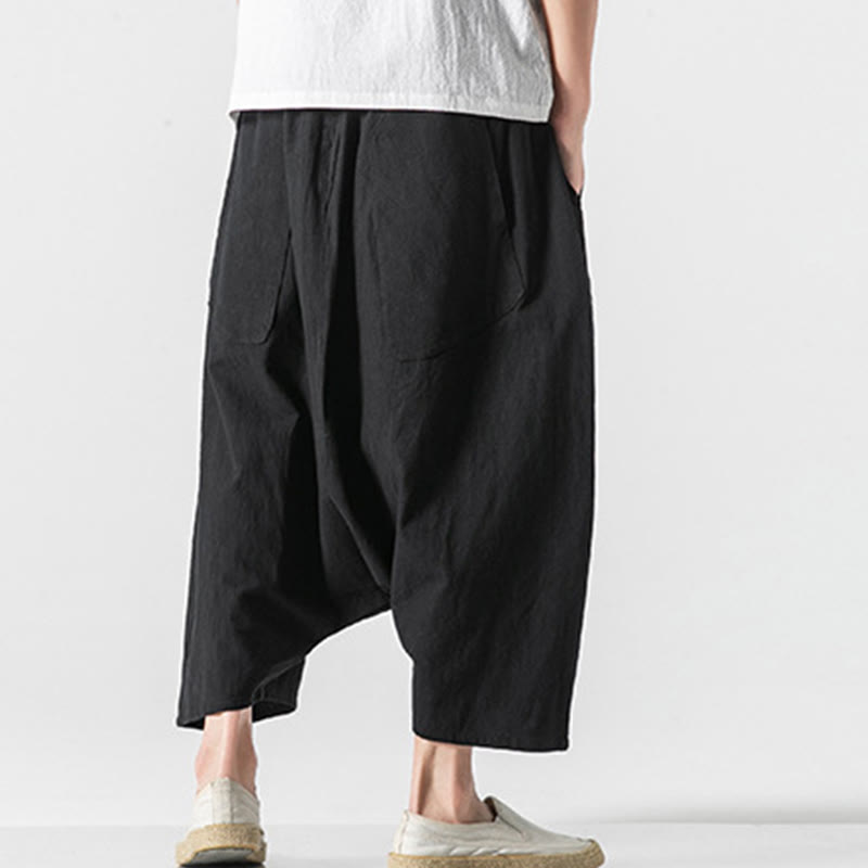 Buddha Stones Casual Low Crotch Design Drawstring Men's 7-8 Length Cotton Linen Wide Leg Pants With Pockets - image 31