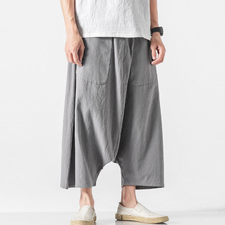 Buddha Stones Casual Low Crotch Design Drawstring Men's 7-8 Length Cotton Linen Wide Leg Pants With Pockets - image 25