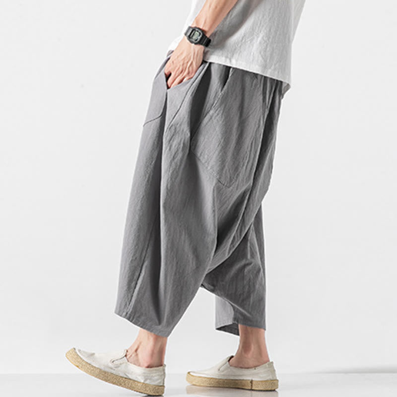 Buddha Stones Casual Low Crotch Design Drawstring Men's 7-8 Length Cotton Linen Wide Leg Pants With Pockets - image 19
