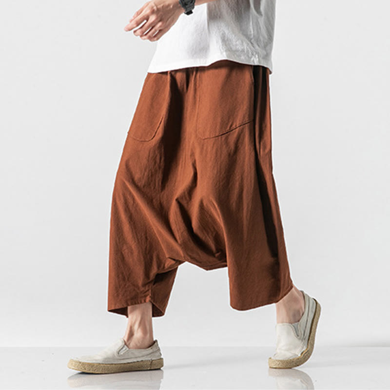 Buddha Stones Casual Low Crotch Design Drawstring Men's 7-8 Length Cotton Linen Wide Leg Pants With Pockets - image 11